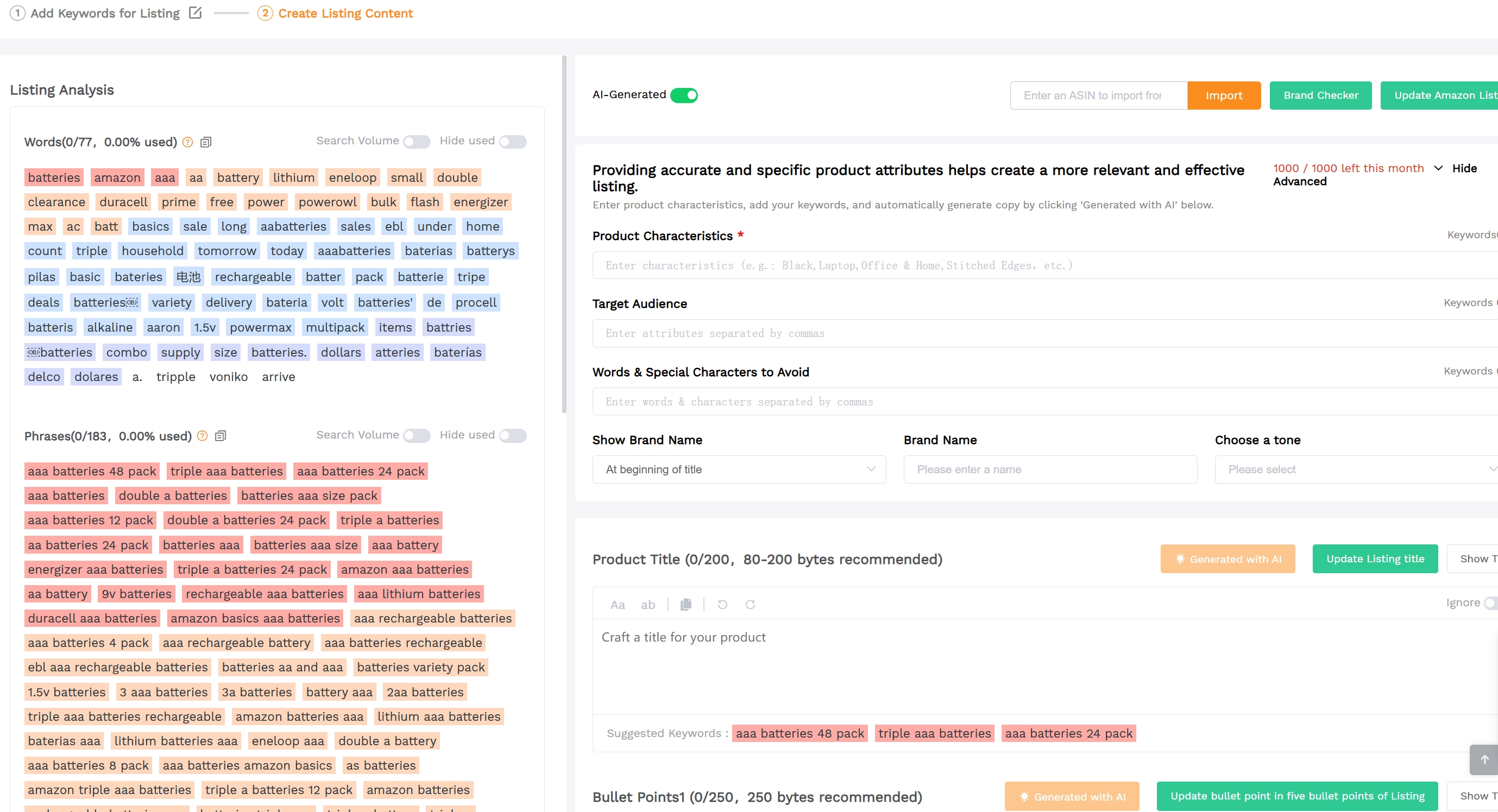 SellerSprite's Listing Builder screen with character counters and editable fields