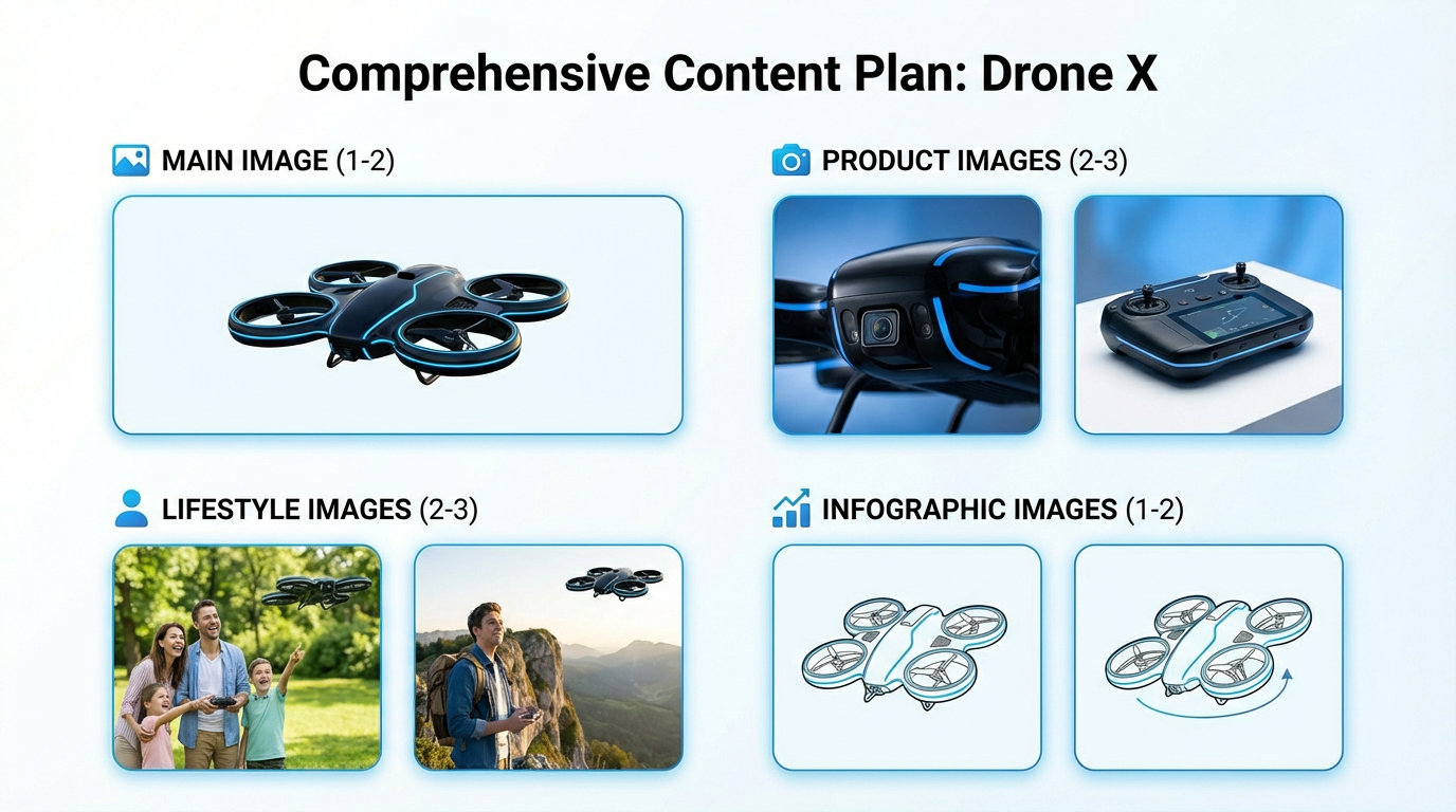 Amazon product photo plan diagram showing a 7 to 9 image set: main image, product detail images, lifestyle images, and infographic images