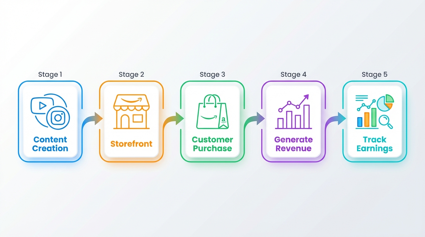 Minimal modern illustration of the Amazon Influencer Program flow: creator content on YouTube or Instagram links to an Amazon Influencer Storefront, then shoppers purchase and commissions appear in analytics