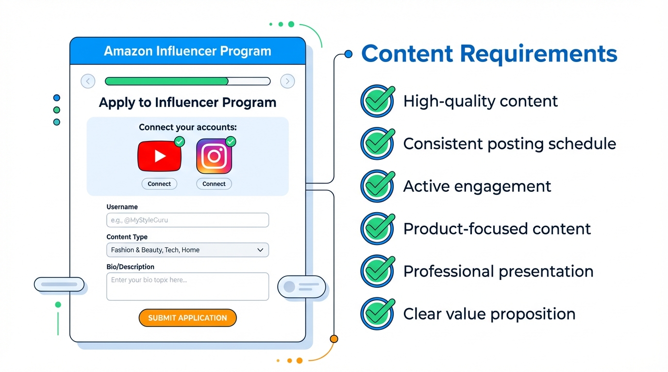 Mockup of applying to the Amazon Influencer Program by connecting a social account, with a checklist for content quality and engagement signals