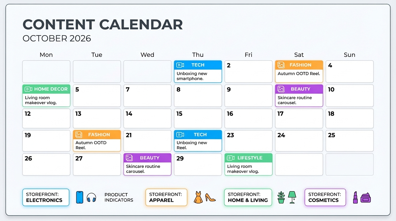 Minimal mockup of an influencer content calendar mapping videos and posts to storefront categories and product idea lists