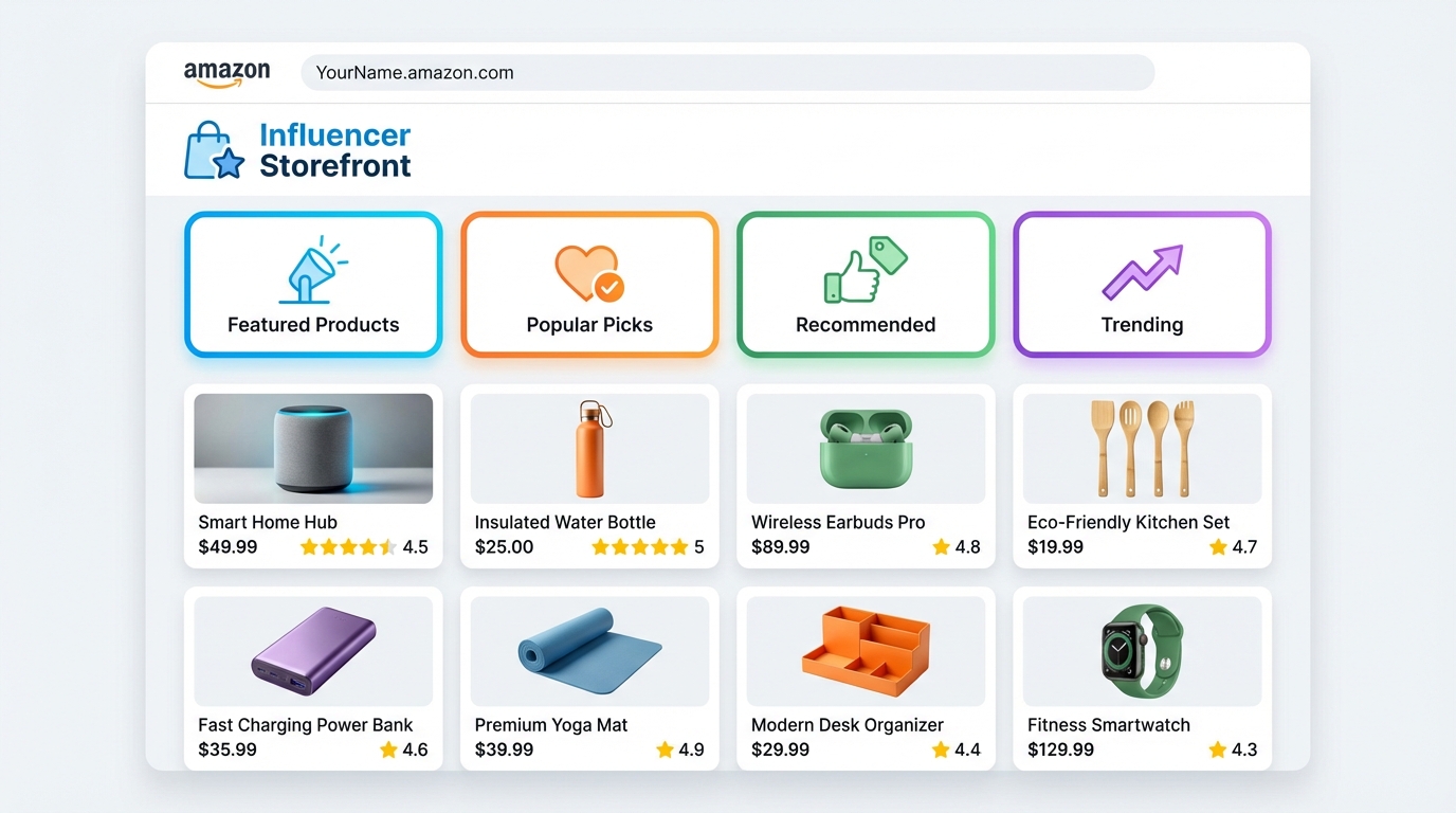 Mockup of an Amazon Influencer Storefront with a custom URL, featured categories, and curated product idea lists