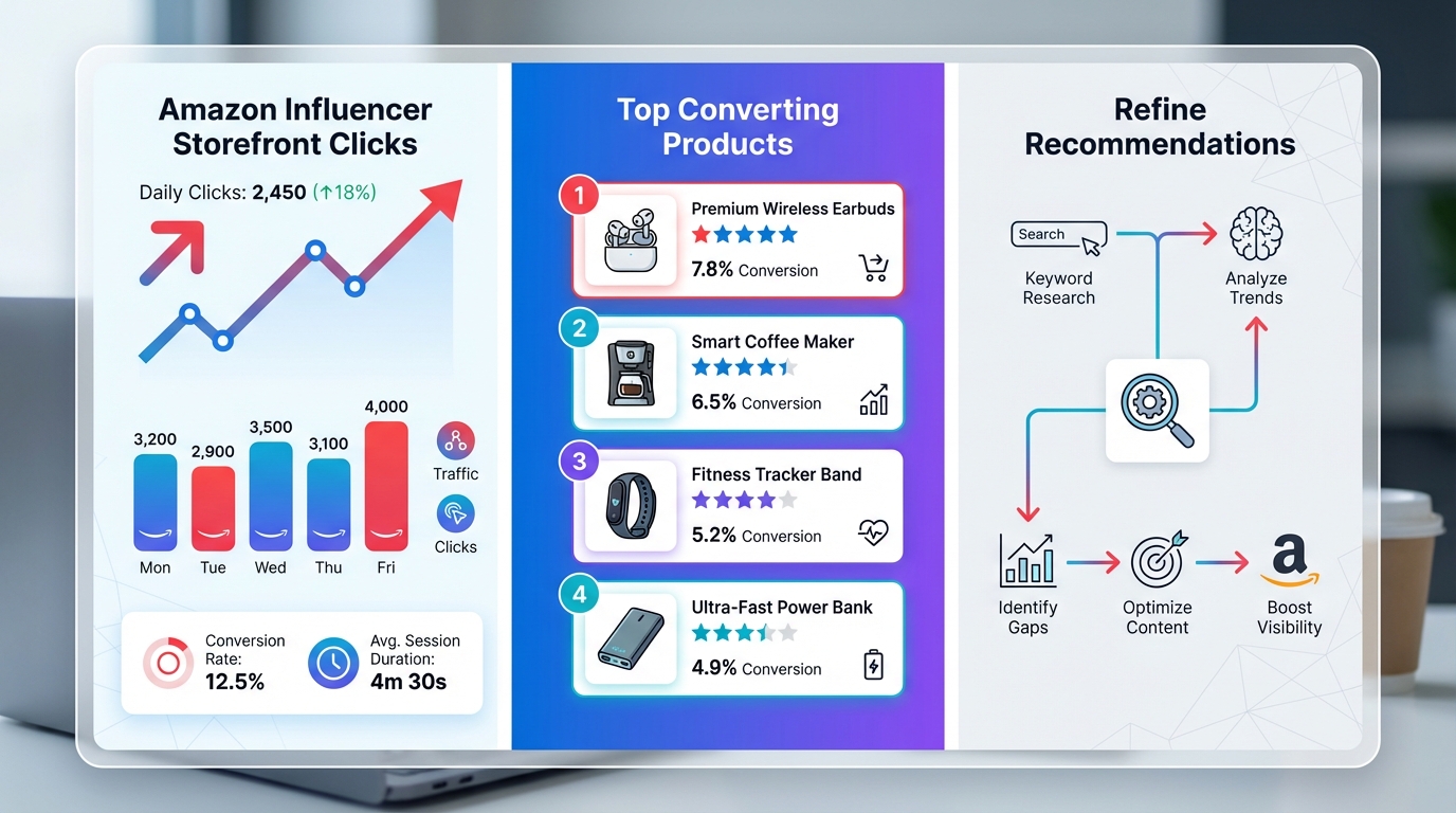 A clean analytics dashboard concept showing Amazon influencer storefront clicks, top converting product lists, and a workflow to refine recommendations using keyword research