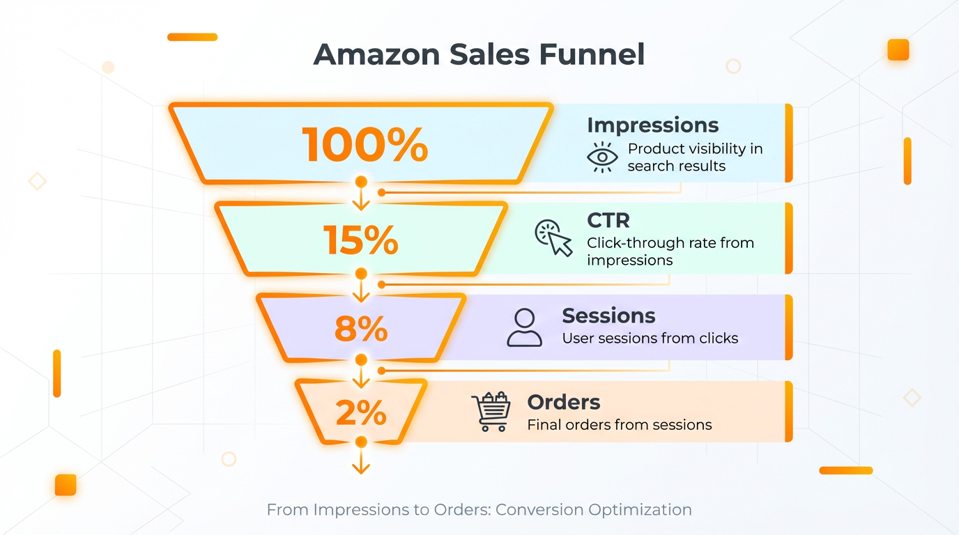 Funnel diagram showing impressions, CTR turning impressions into sessions, and unit session percentage turning sessions into orders