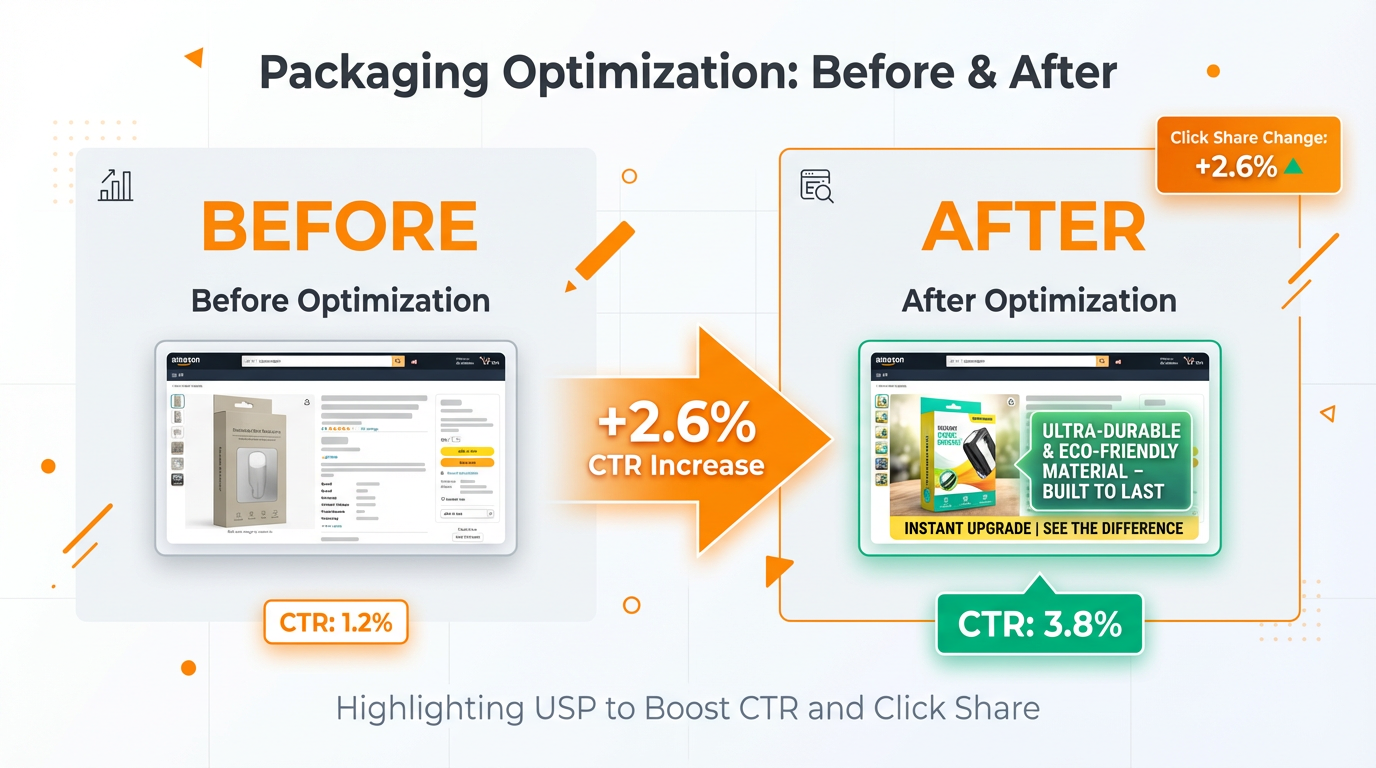 Before and after search results thumbnail where packaging now highlights the main USP, with a small overlay showing click share change