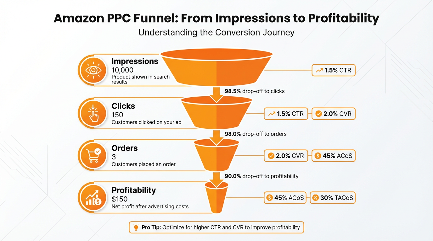 Amazon PPC funnel diagram showing impressions leading to clicks (CTR), clicks leading to orders (conversion rate), and profitability measured by ACoS and TACoS