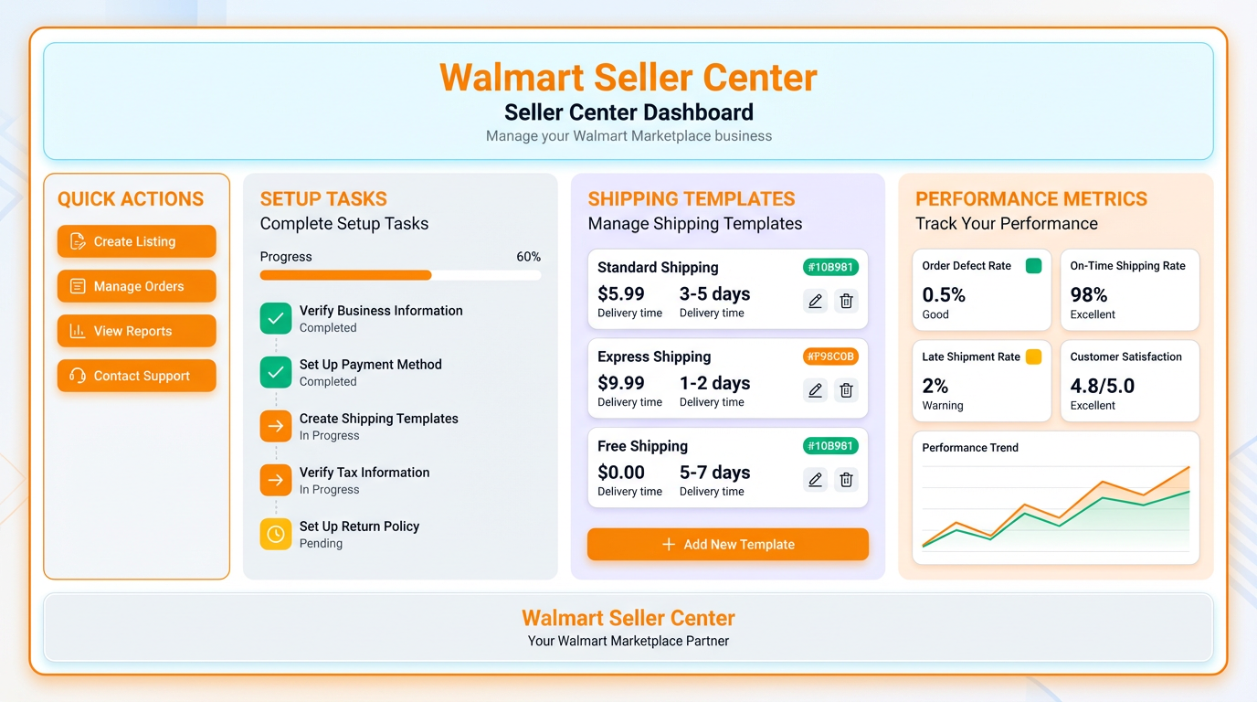 Screenshot image idea: Walmart Seller Center dashboard showing setup tasks, shipping templates, and performance metrics