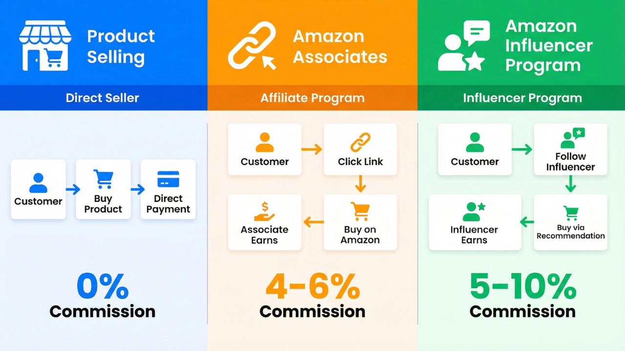 Comparison diagram showing product selling versus Amazon Associates versus Amazon Influencer Program with storefront and commission flow