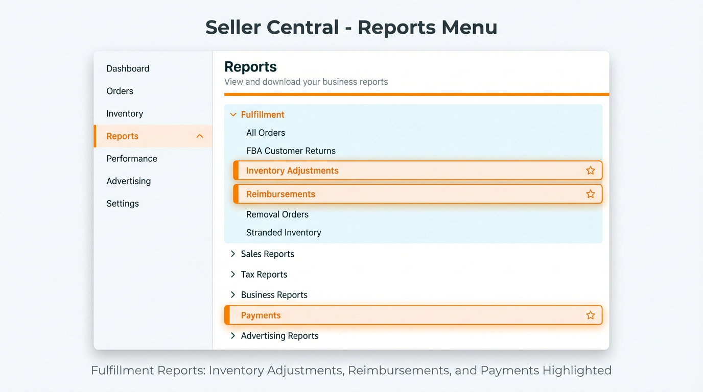 Seller Central Reports menu path with Fulfillment reports expanded and Inventory Adjustments, Reimbursements, and Payments highlighted.