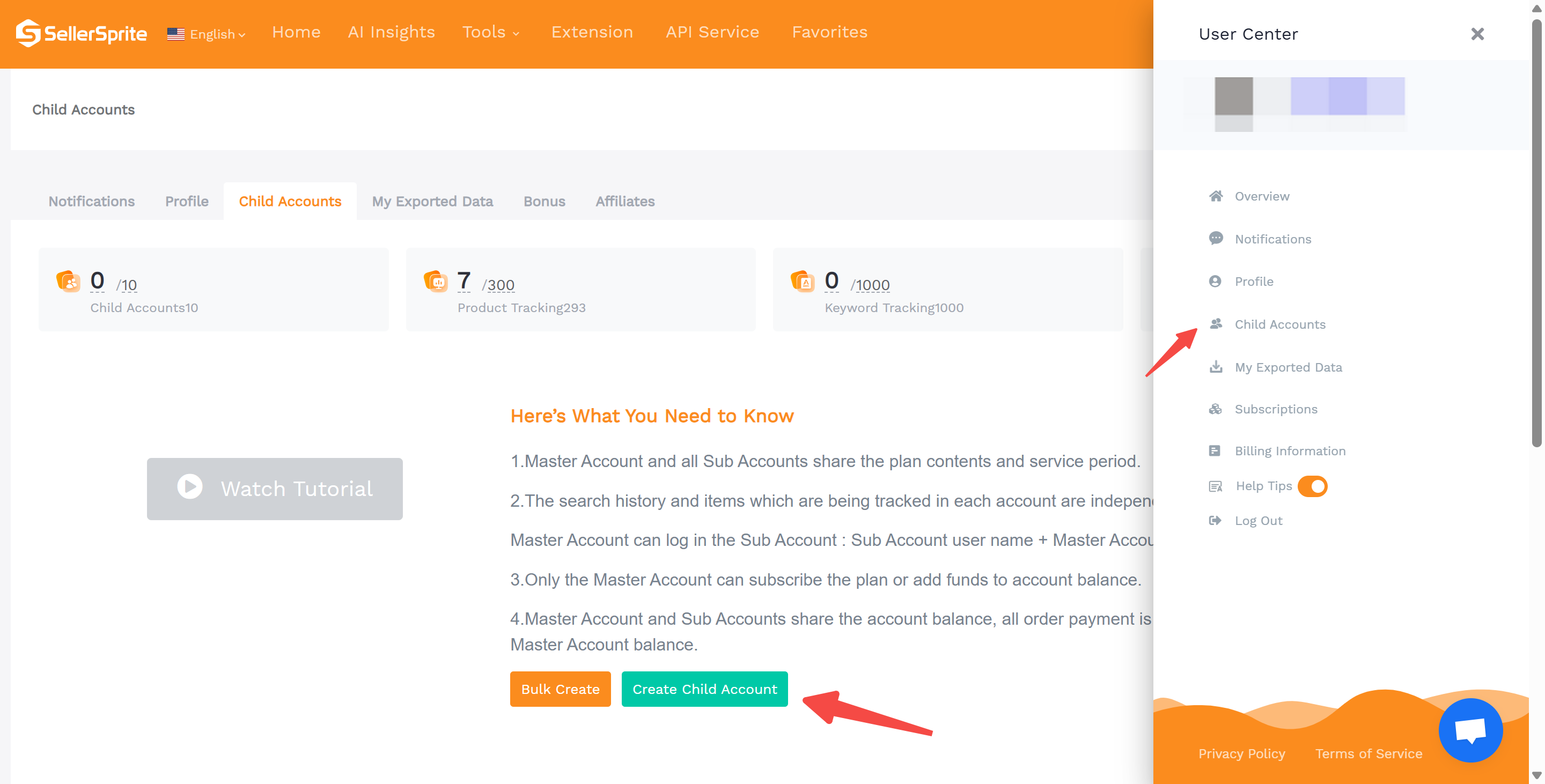 Profile menu showing Child Accounts module and Create Child Account button