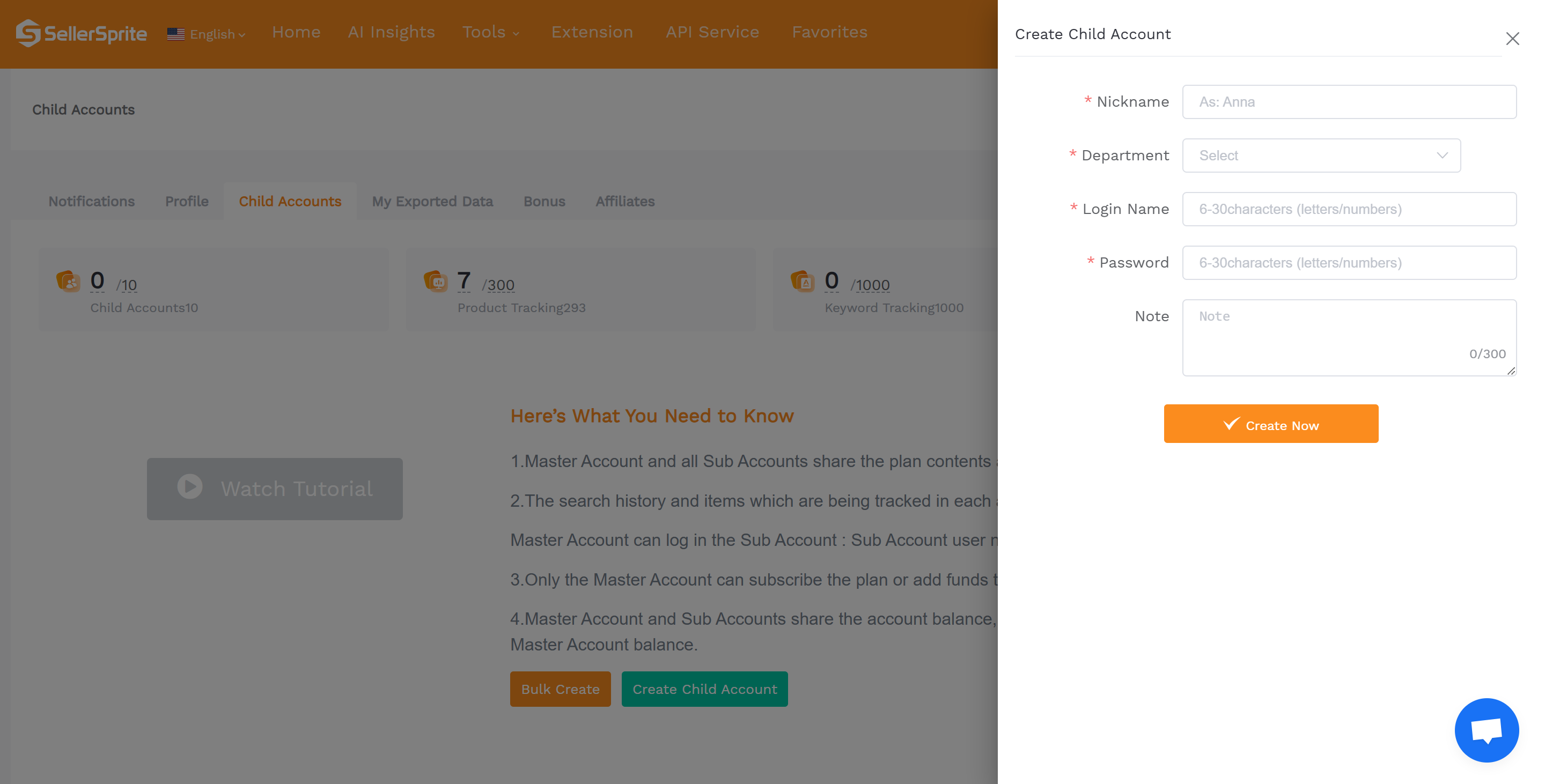 Create Child Account form showing required fields and Create Now button