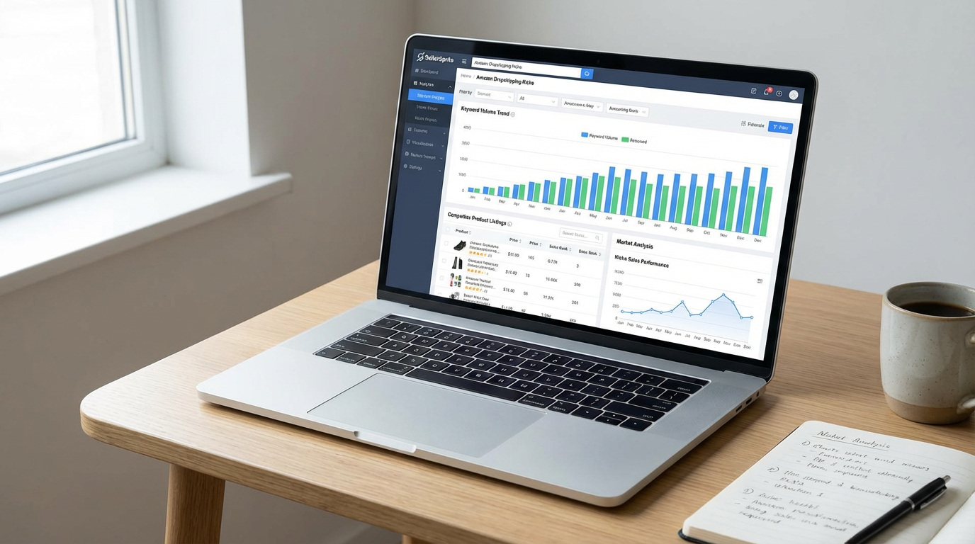 A laptop showing keyword research charts and competitor listings, representing SellerSprite research for an Amazon dropshipping niche.