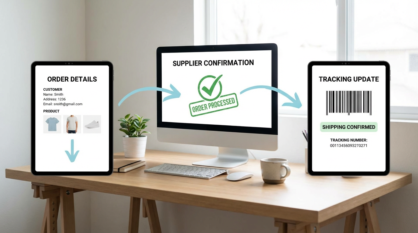 A fulfillment workflow showing order details, supplier confirmation, and a tracking number update, illustrating dropshipping order fulfillment on Amazon.