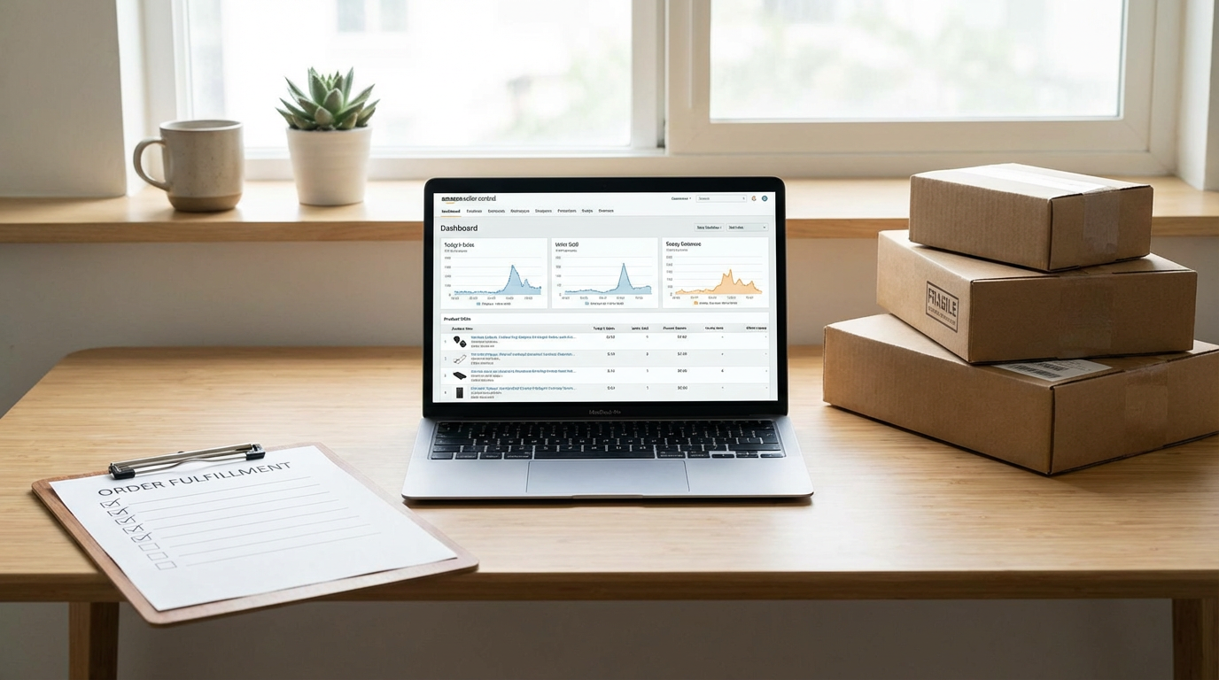 A clean ecommerce workspace with a laptop showing an Amazon seller dashboard, a clipboard checklist, and shipping boxes representing Amazon dropshipping operations.