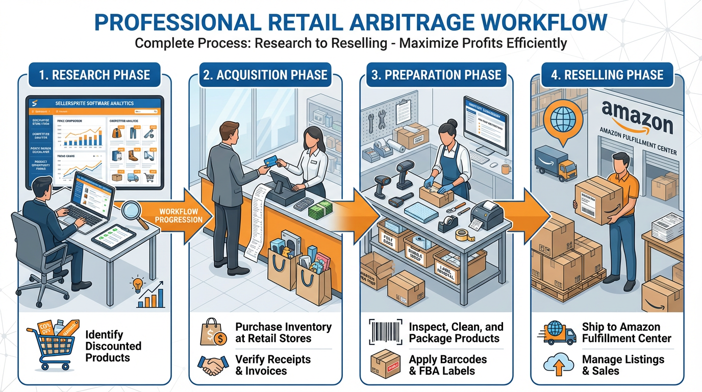 A retail arbitrage workflow showing discounted store items being researched with SellerSprite before being listed for reselling on Amazon.