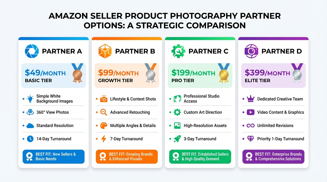 Comparison chart of four product photography partner options with pricing tiers and best fit notes for Amazon sellers.