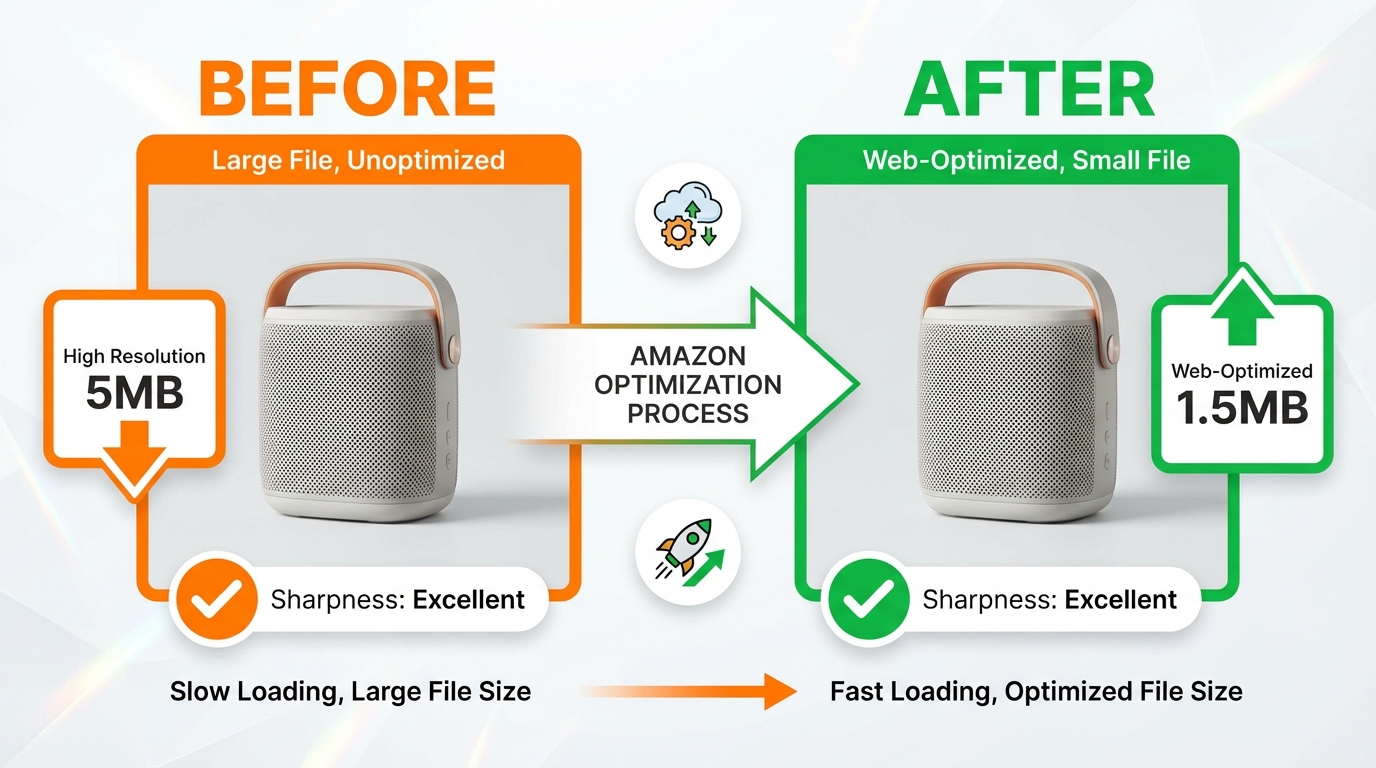 Before and after example of web-optimized exports that reduce image file size while keeping the photo sharp for Amazon listings.
