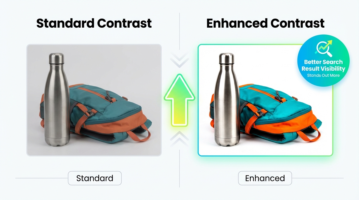 Side-by-side example of a standard contrast main image versus a slightly higher contrast version that stands out more in Amazon search results.