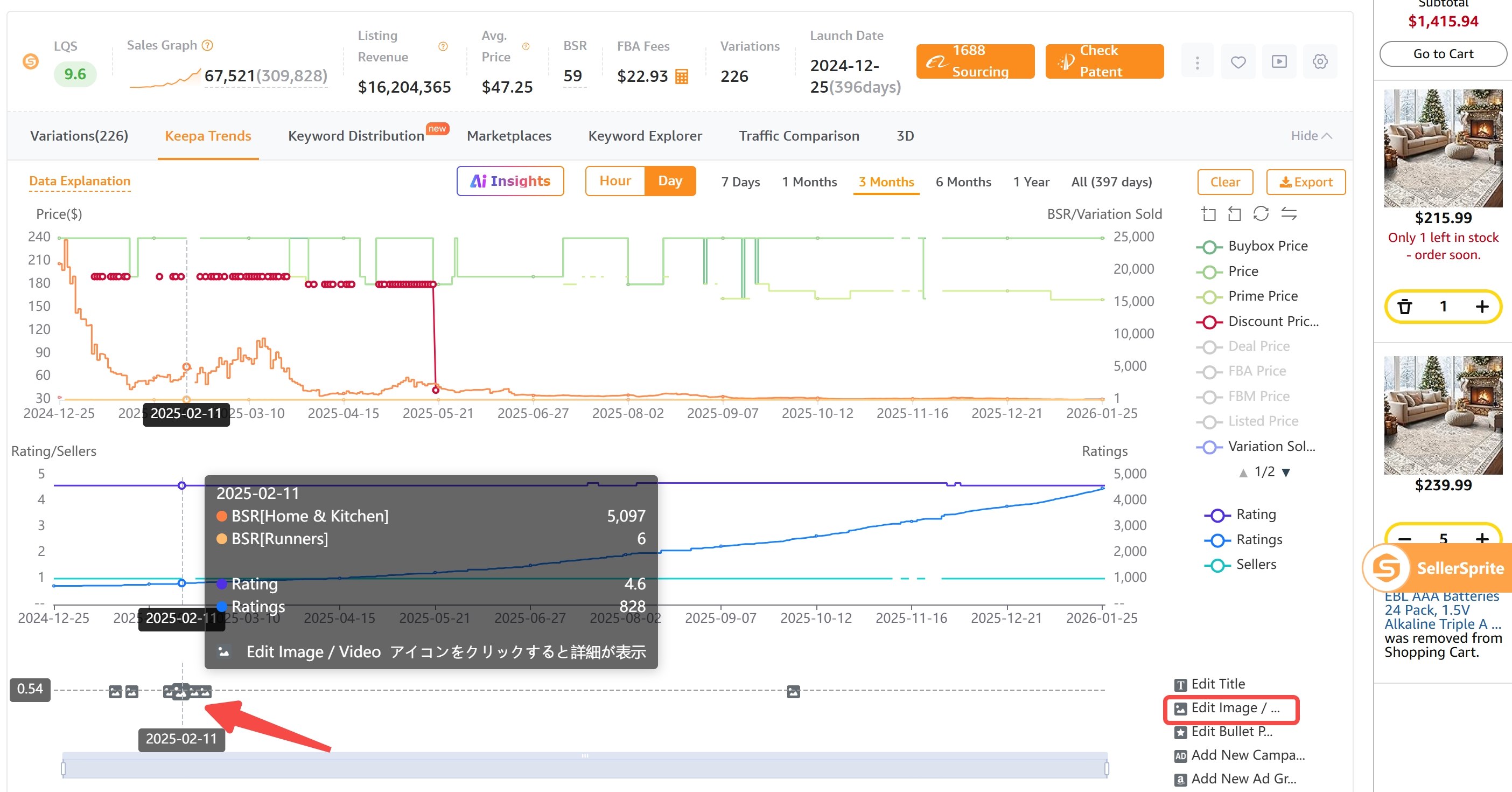 SellerSprite Chrome Extension tracking view showing a timeline marker for an image update and trends for BSR and ratings before and after the change.