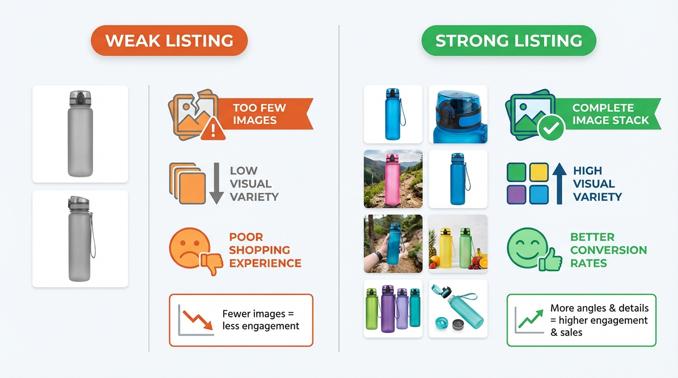 Side-by-side audit comparing a strong Amazon listing with a complete image stack versus a weak listing with too few images and low visual variety.