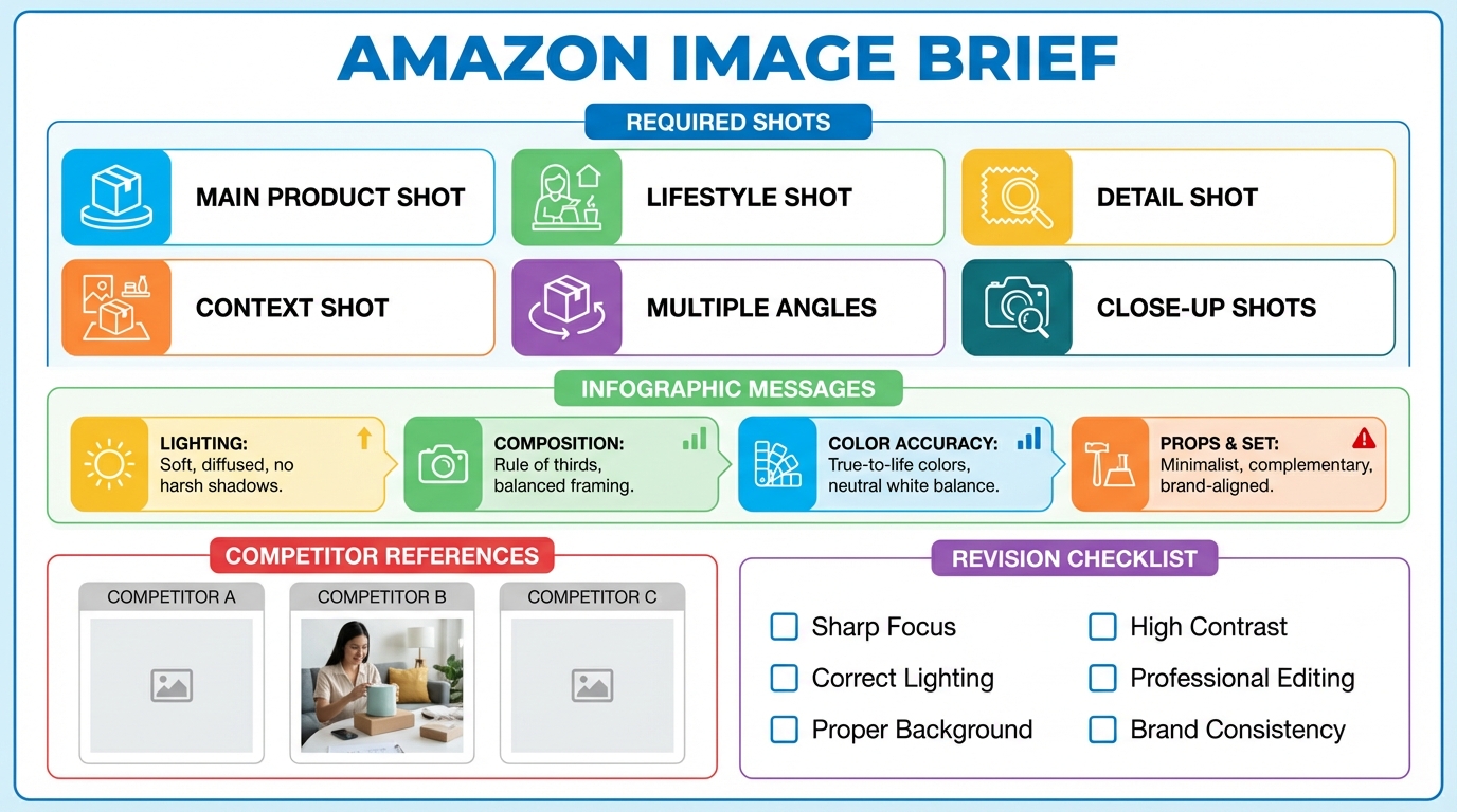 One page Amazon image brief template with required shots, infographic messages, competitor references, and a revision checklist.