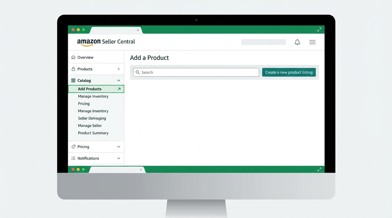 Amazon Seller Central Catalog menu showing Add Products option to create a new listing