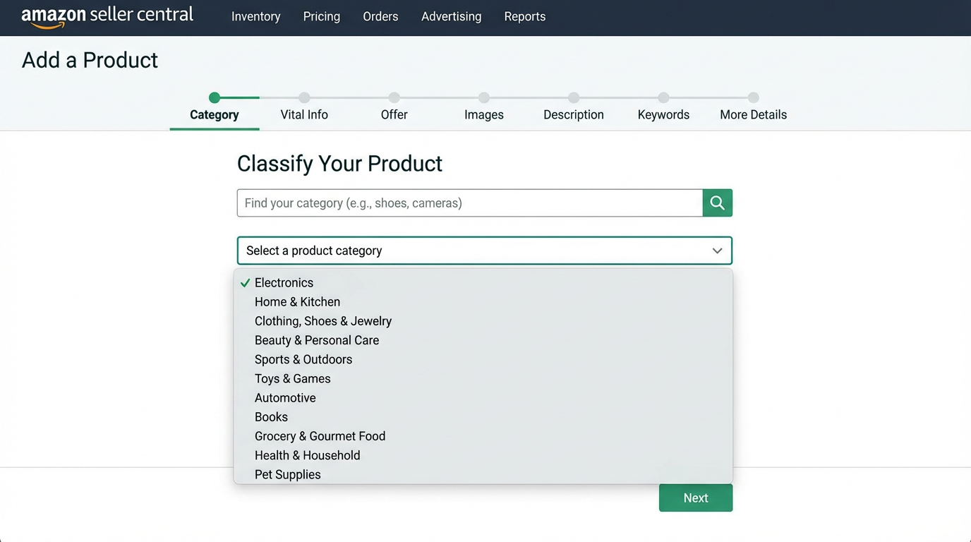 Choose product category during Amazon Seller Central listing creation flow