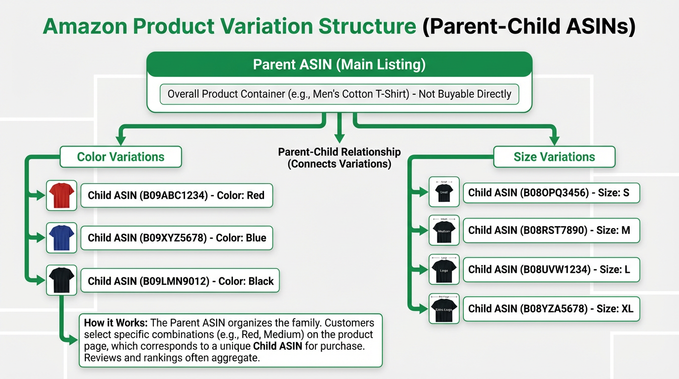 Amazon variation structure diagram showing parent ASIN and child ASINs by color and size