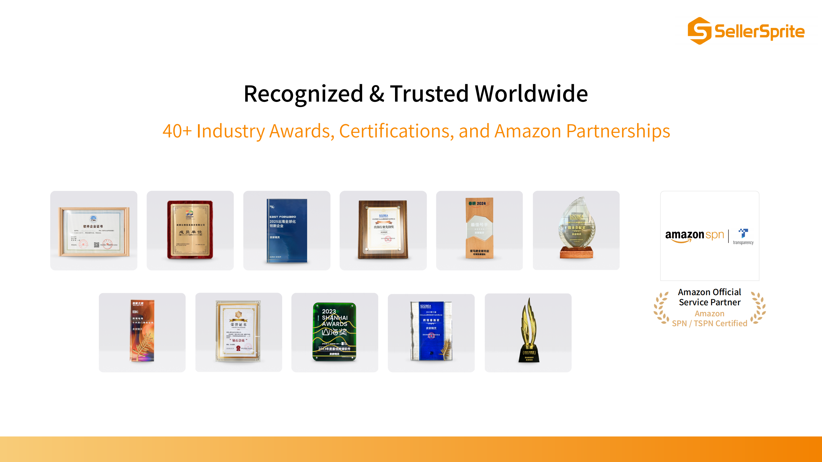 SellerSprite trust signals including Amazon SPN and TSPN certification and industry awards