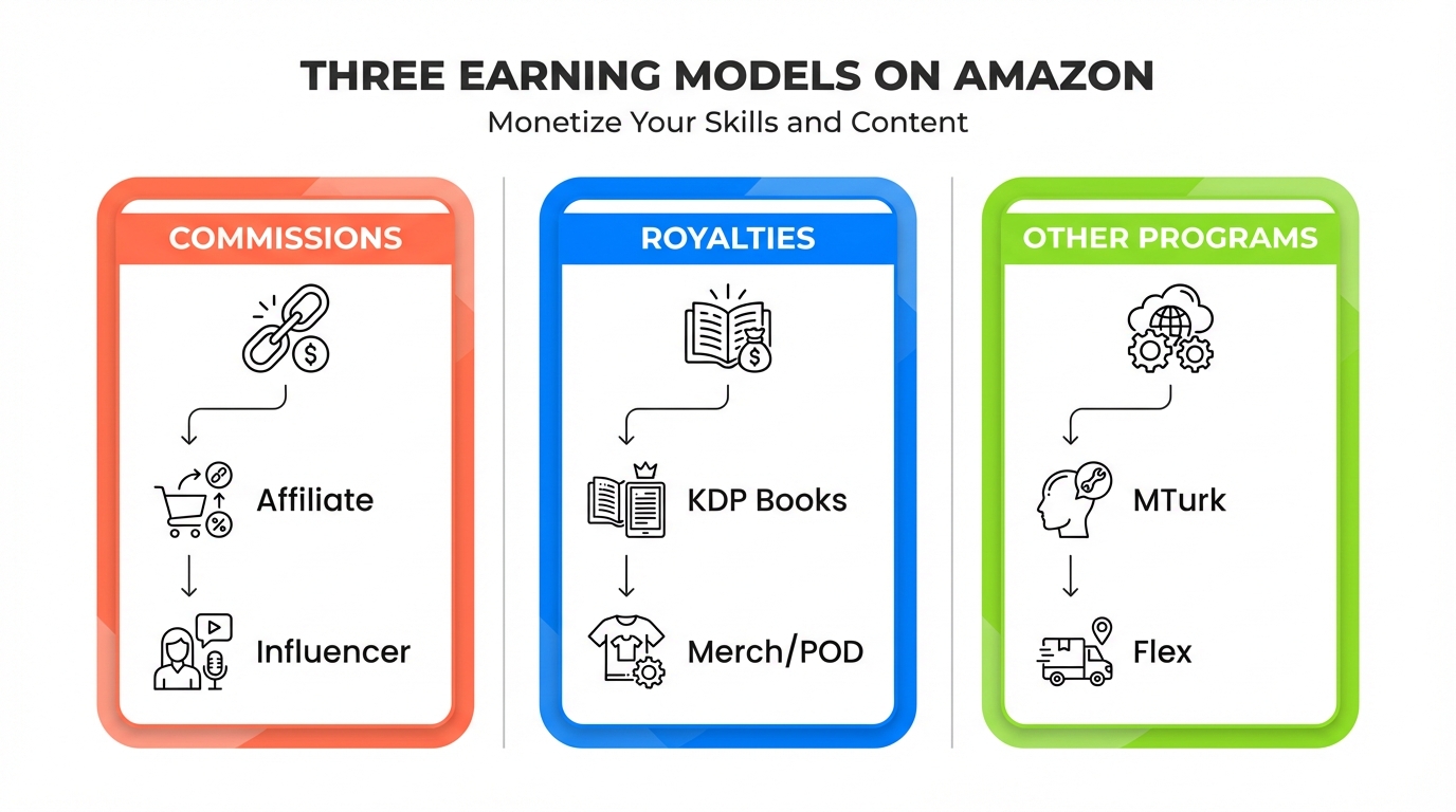 Clean diagram showing how to make money on Amazon without selling through commissions, royalties, and other programs across three models.