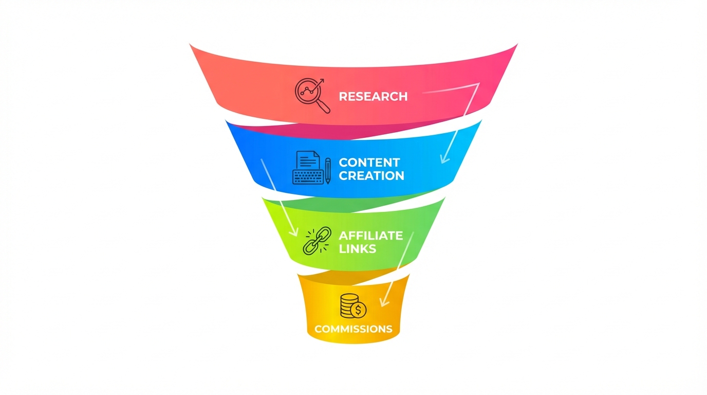 Minimal funnel showing how to make money on Amazon without selling, using Amazon Associates: research, content, affiliate links, commissions.