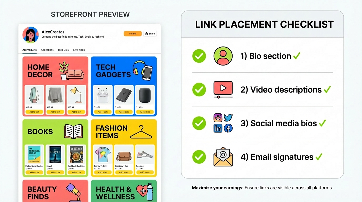 Amazon influencer storefront mockup with curated categories and link placement checklist to make money on Amazon without selling products.
