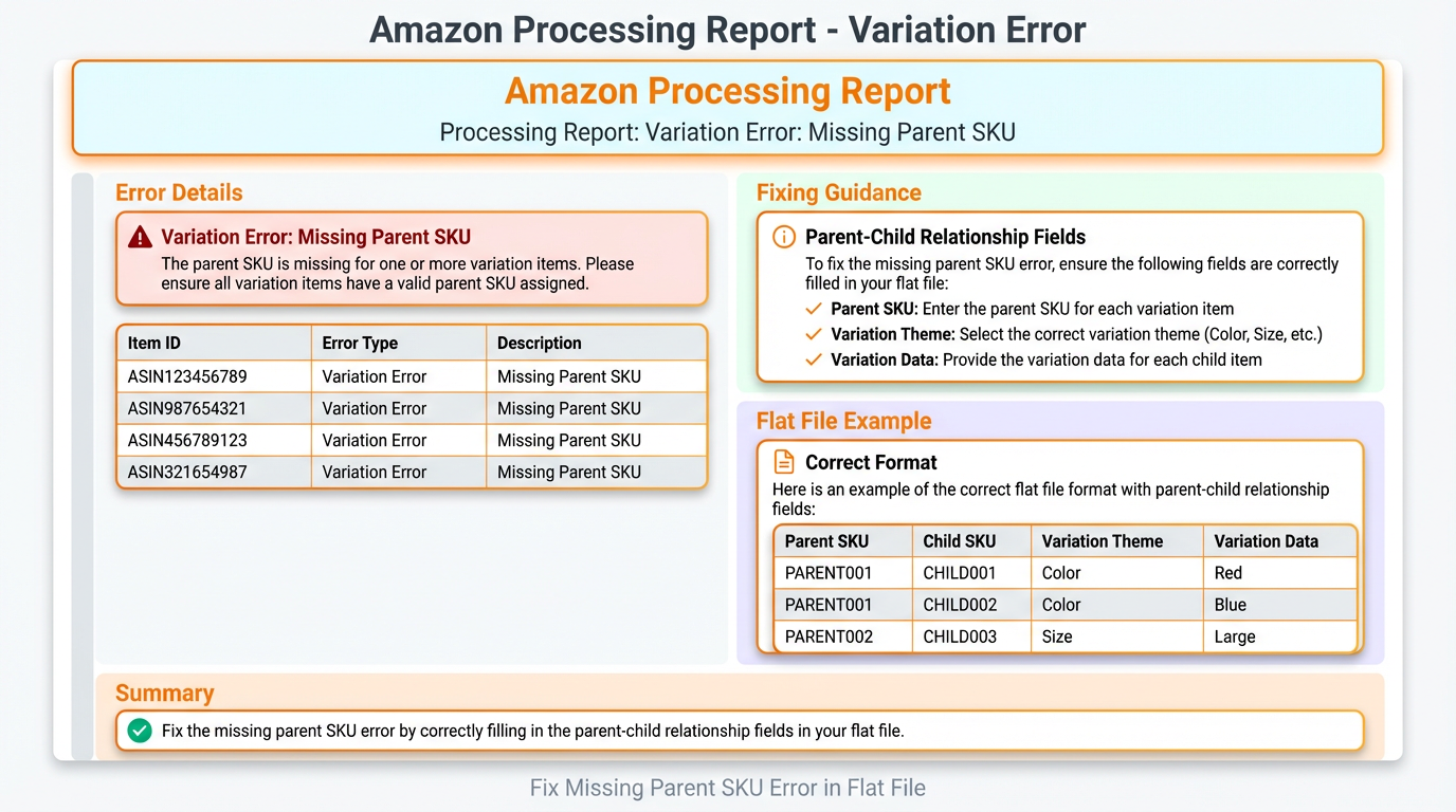 Amazon processing report showing variation error for missing parent SKU and guidance to fix parent-child relationship fields in flat file.