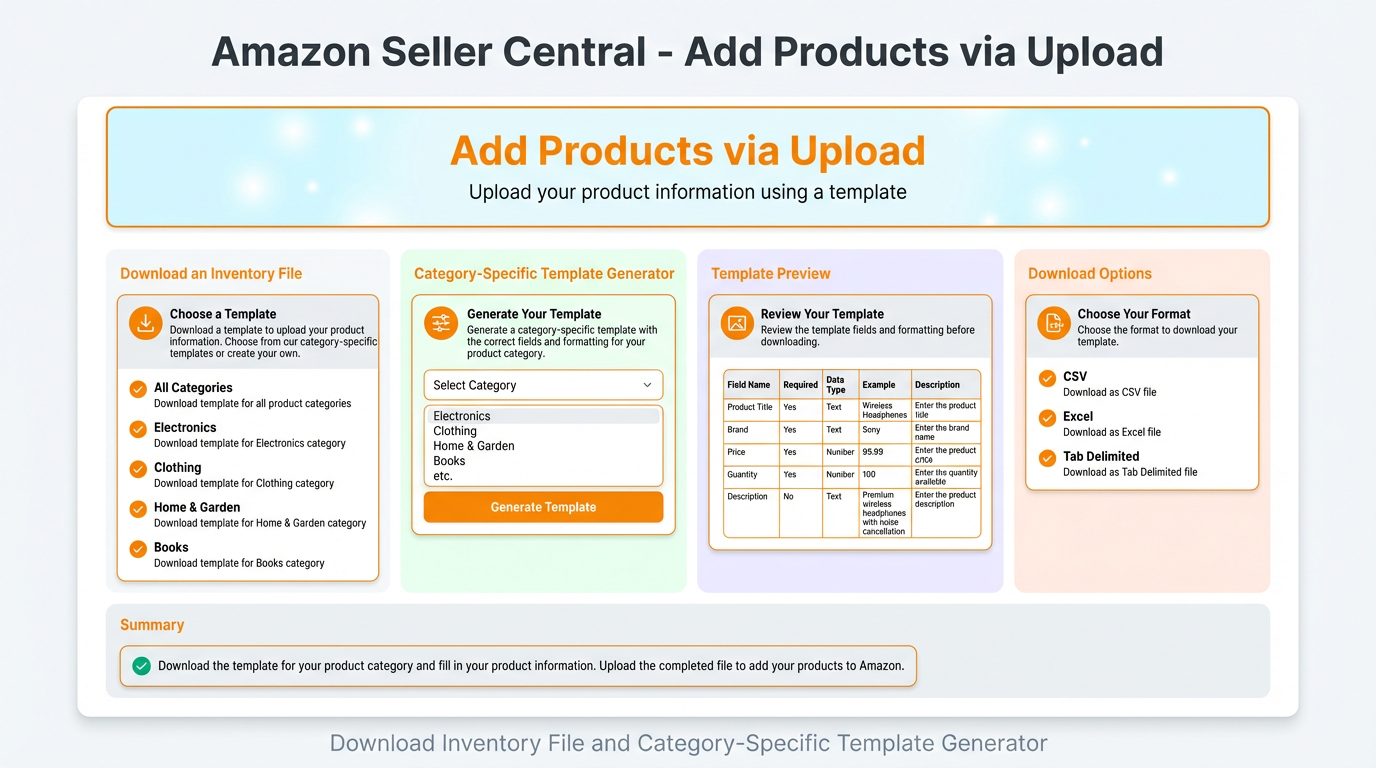 Amazon Seller Central Add Products via Upload screen showing Download an Inventory File and category-specific template generator.
