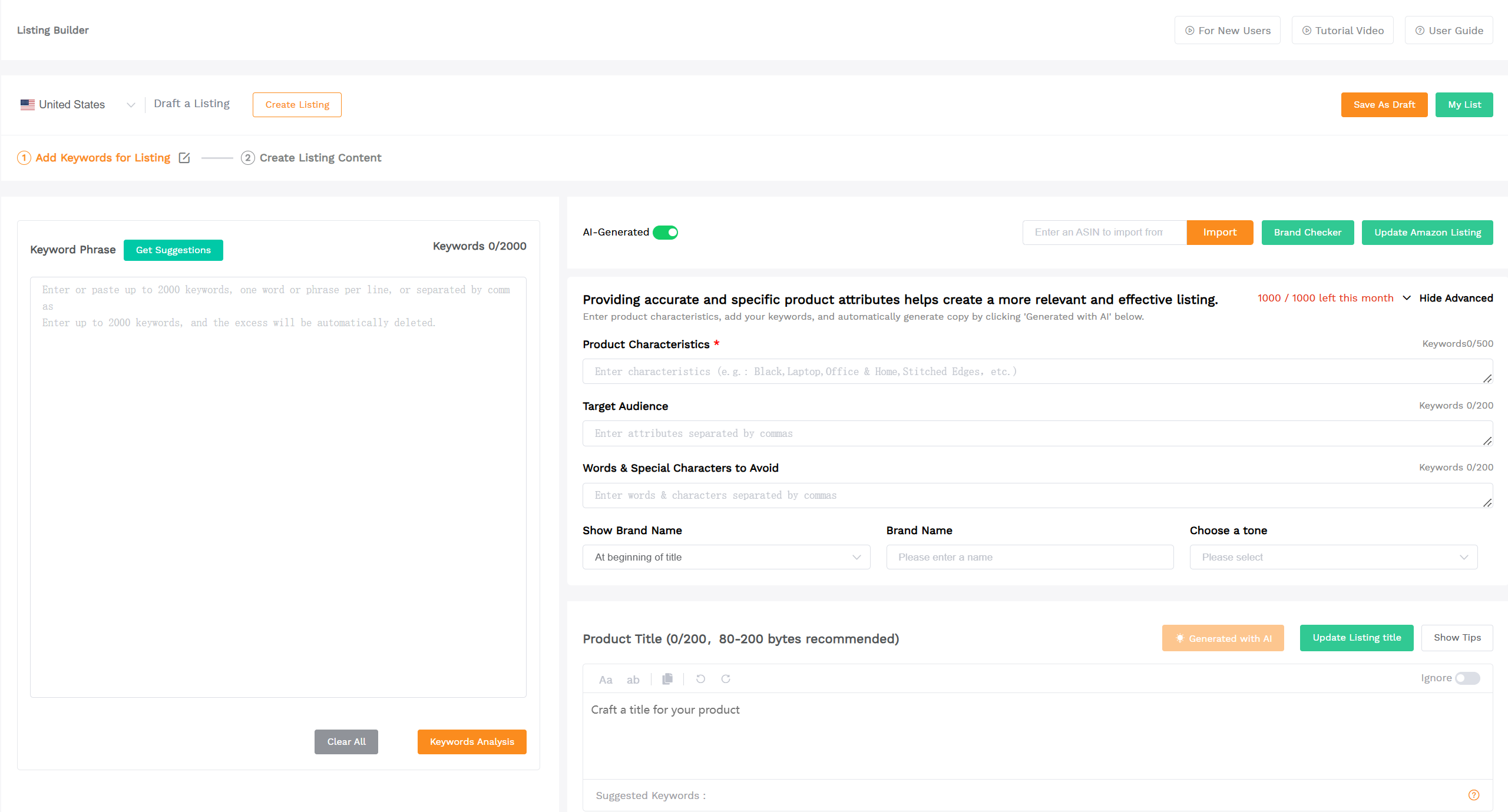 SellerSprite Listing Builder interface showing marketplace dropdown and ASIN import to back up existing listing copy.