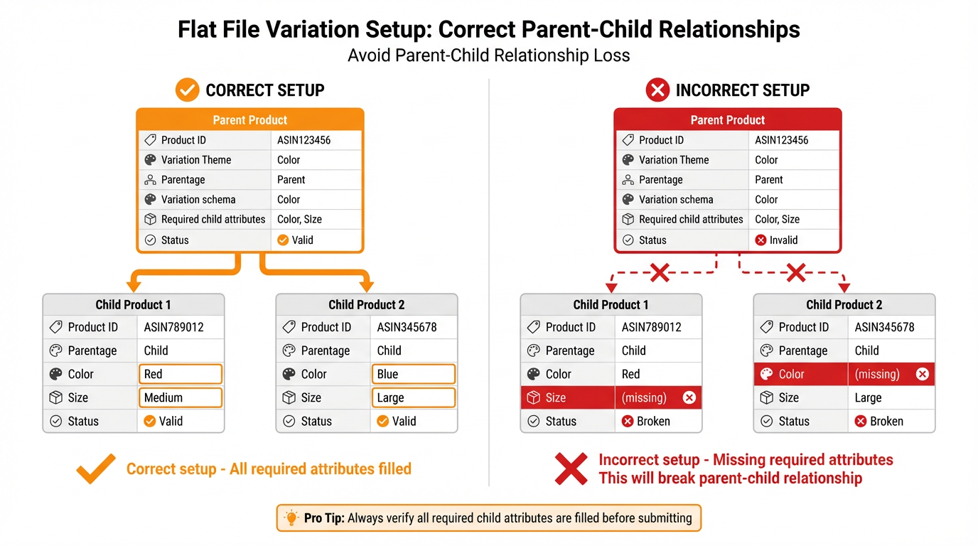 Flat file variation setup showing parentage and variation-theme fields with required child attributes filled to prevent parent-child relationship loss.