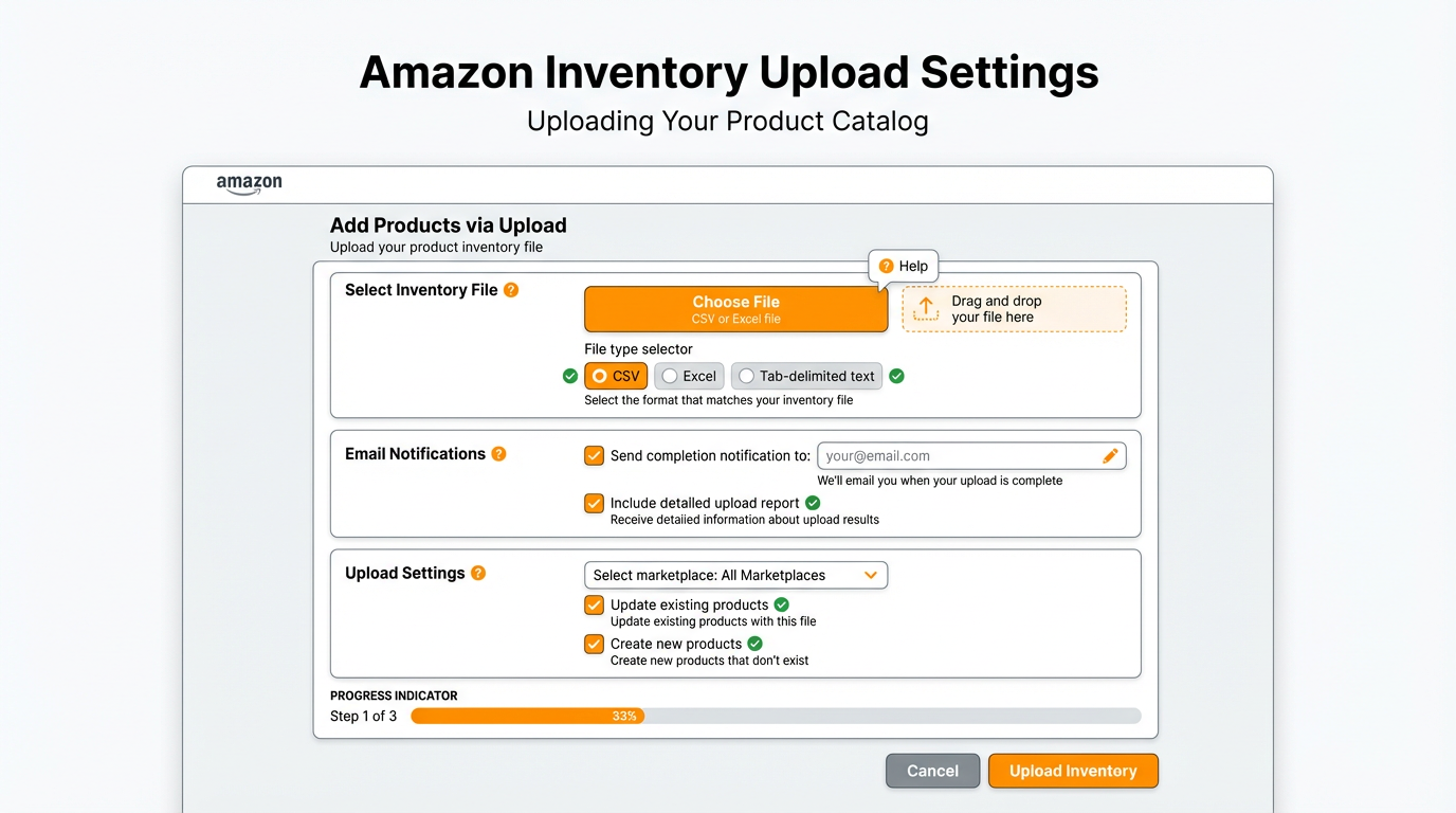 Amazon Add Products via Upload page showing inventory file upload settings, including email notification and Excel format selection.