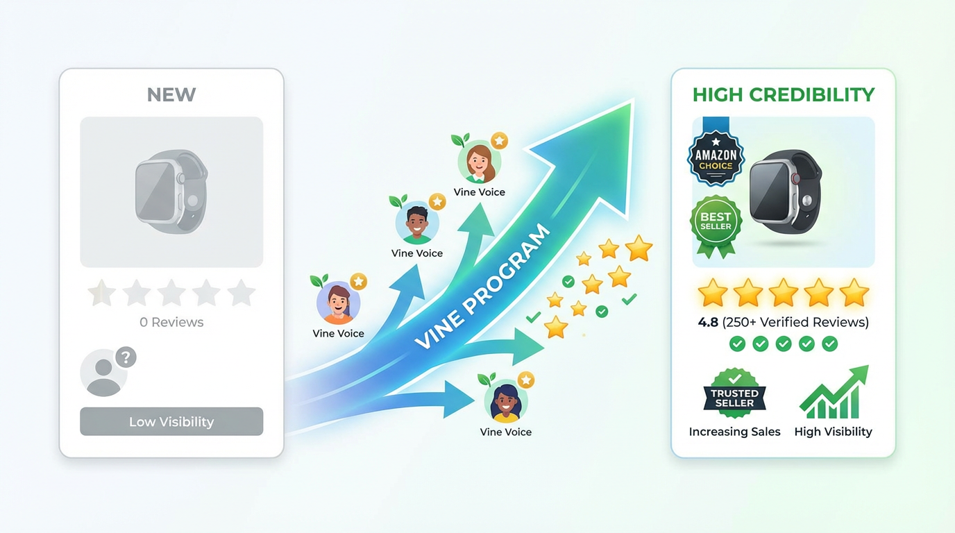 Concept image of a new Amazon listing gaining credibility as verified reviews accumulate through Amazon Vine.