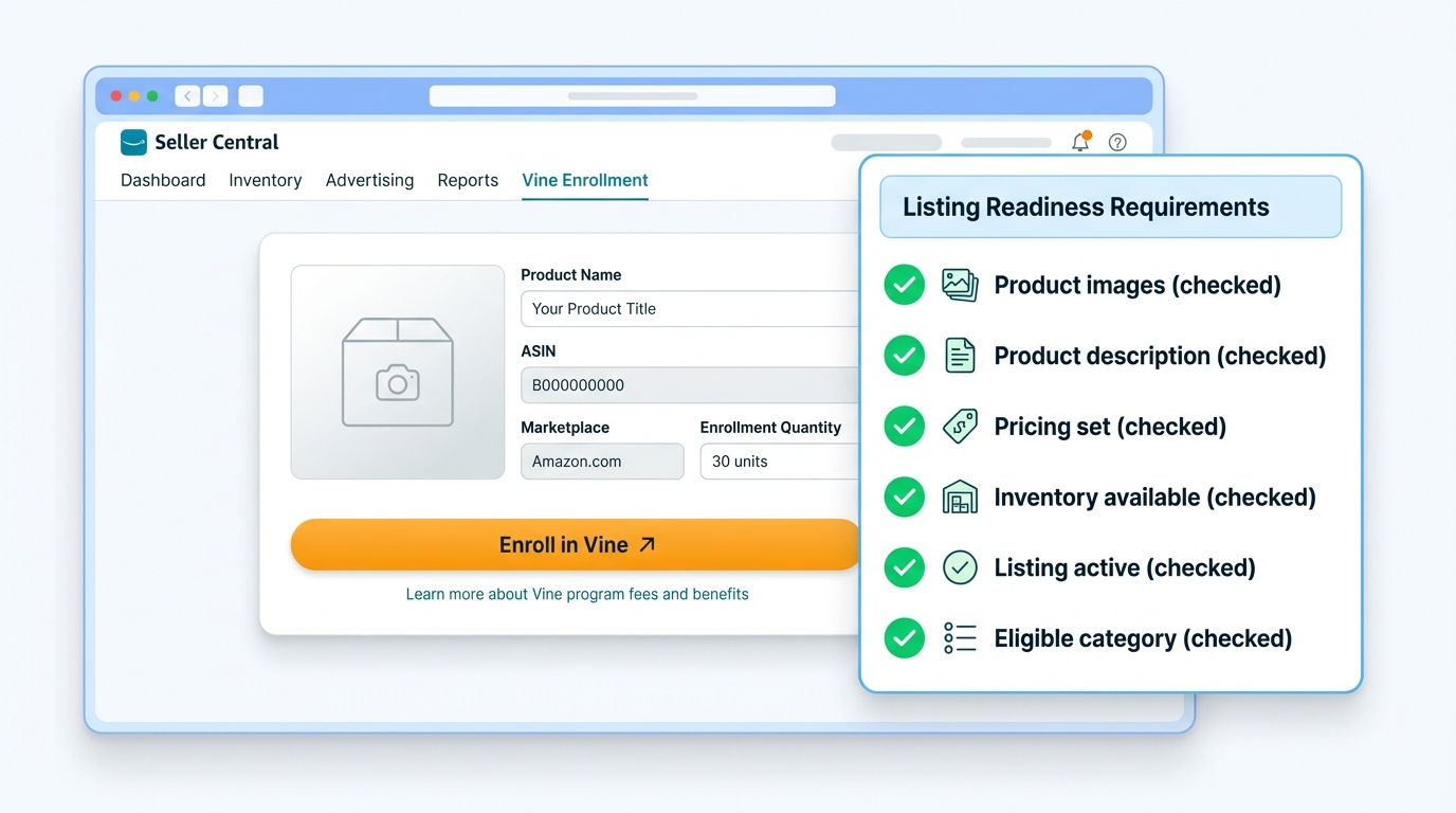 Mockup of a seller enrolling a product into Amazon Vine inside Seller Central, with a checklist to confirm listing readiness.