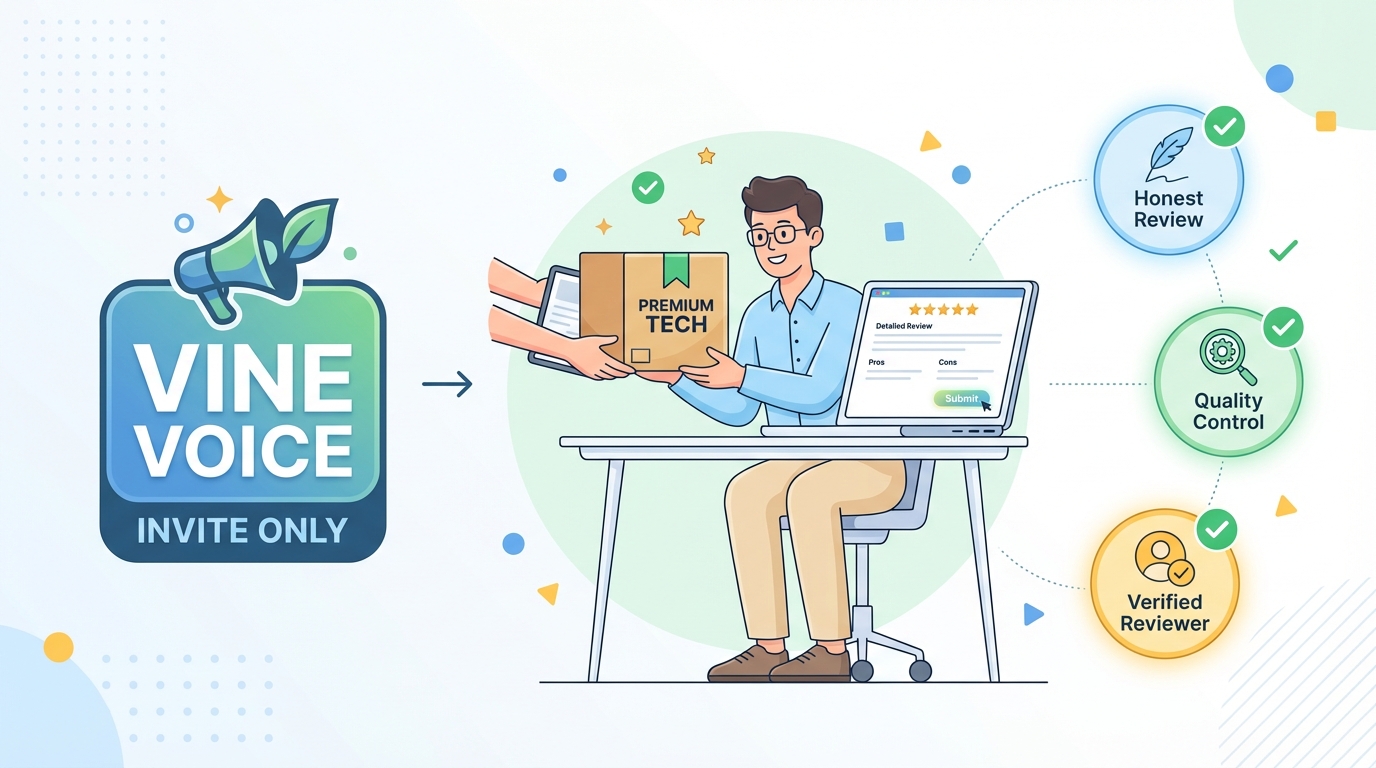 Illustration of a Vine Voice receiving a product and writing an honest review, emphasizing invite only reviewer selection.
