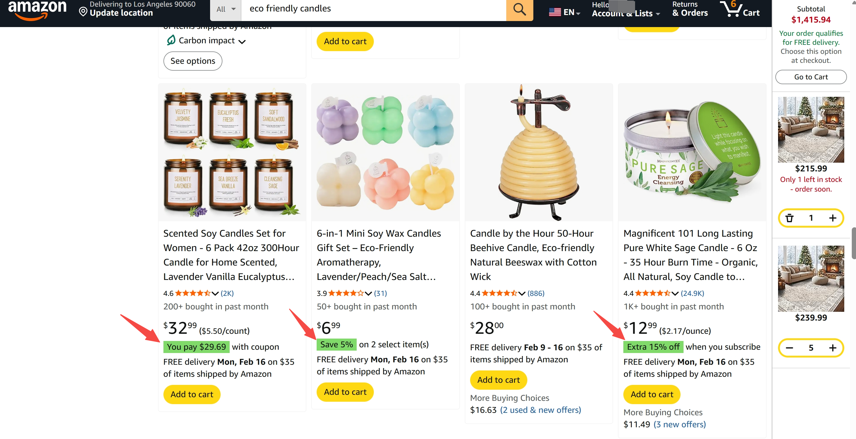 Amazon search results page showing green coupon badges that help a listing stand out from competitors.