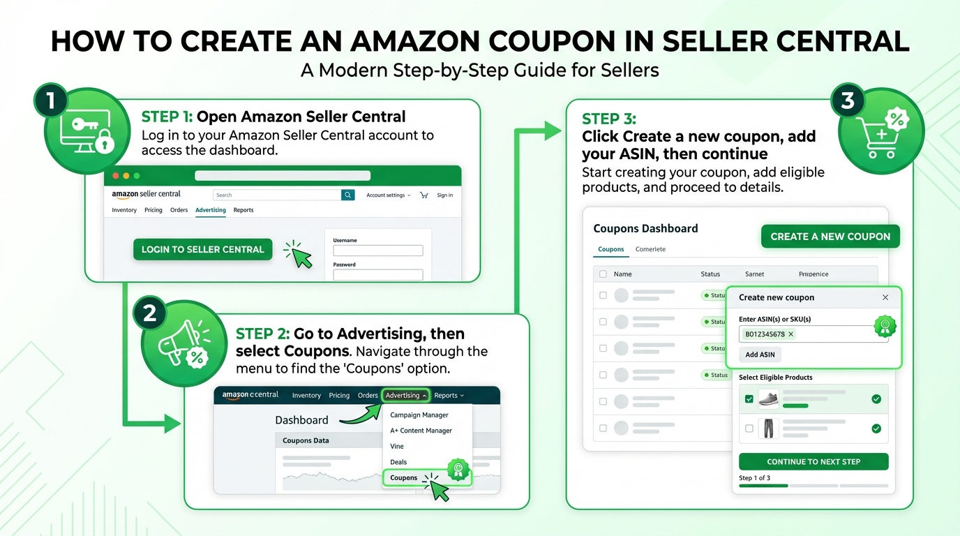 Step-by-step diagram showing how to create an Amazon coupon in Seller Central from Advertising to Submit.