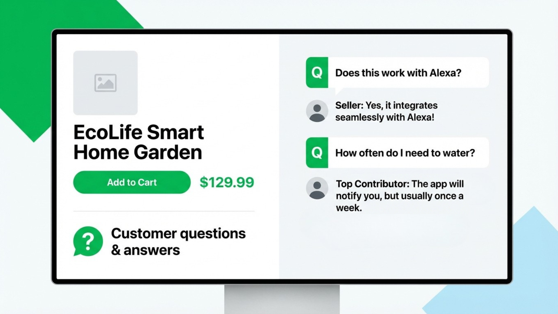 Mockup of an Amazon Customer questions and answers section with common buyer questions highlighted for conversion.