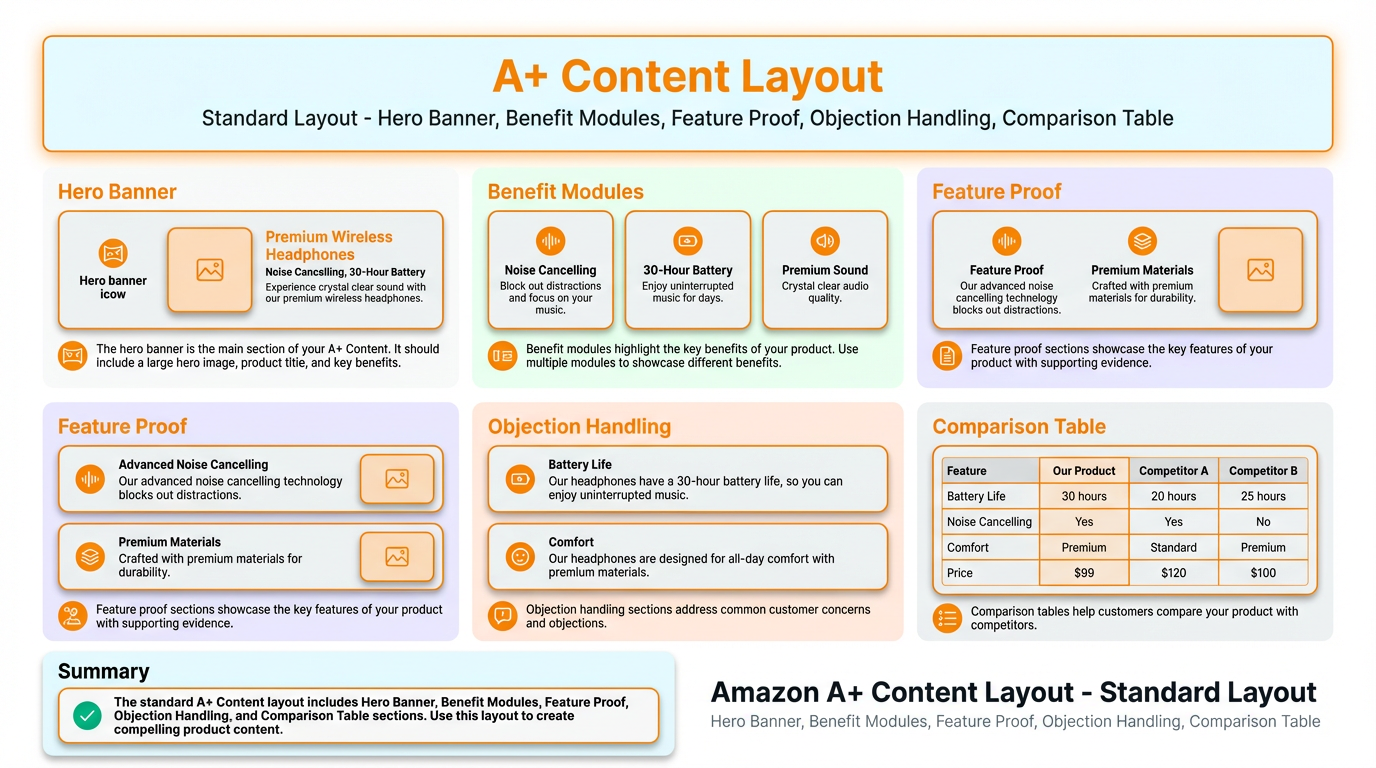 Do and don't example for Amazon A+ Content design showing a clean mobile-first module versus an overcrowded text-heavy module