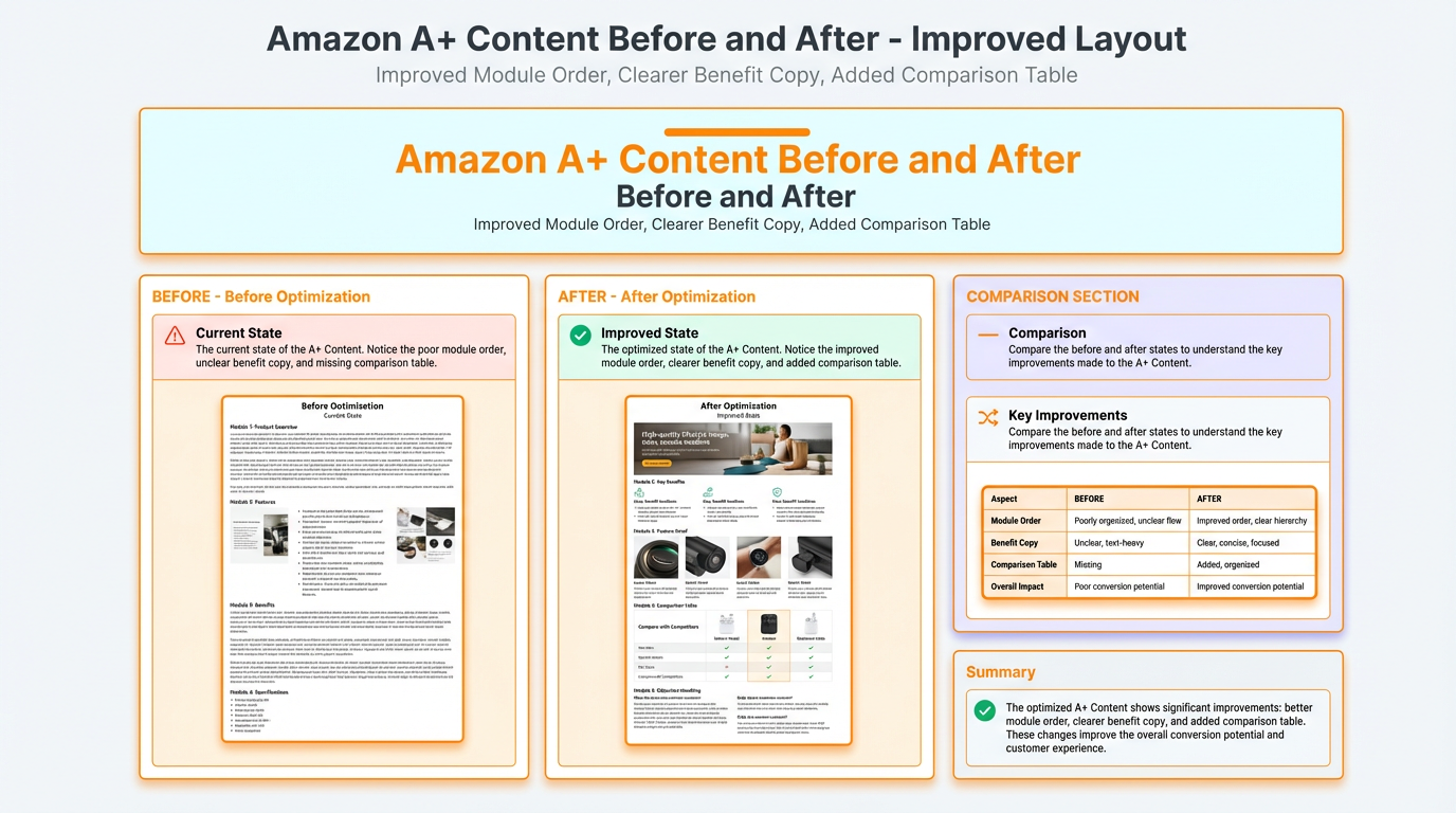 Before and after Amazon A+ Content screenshot comparison showing improved module order, clearer benefit copy, and added comparison table