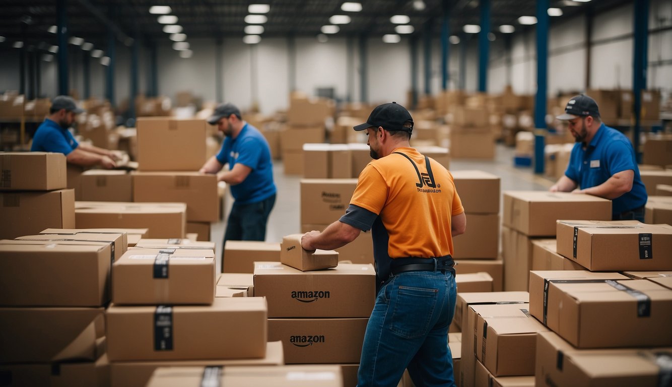 This picture showing some people working in the Amazon Warehouse