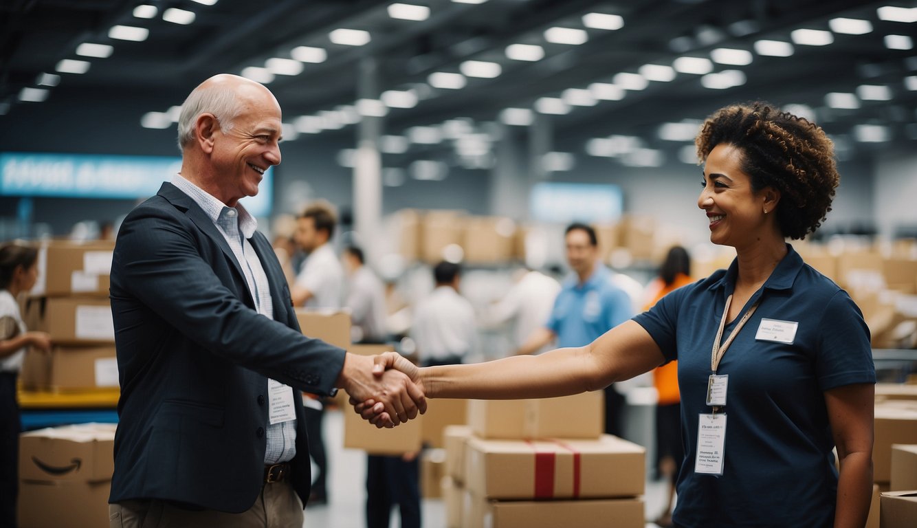 This picture showing a partnership handshake in a Amazon Warehouse
