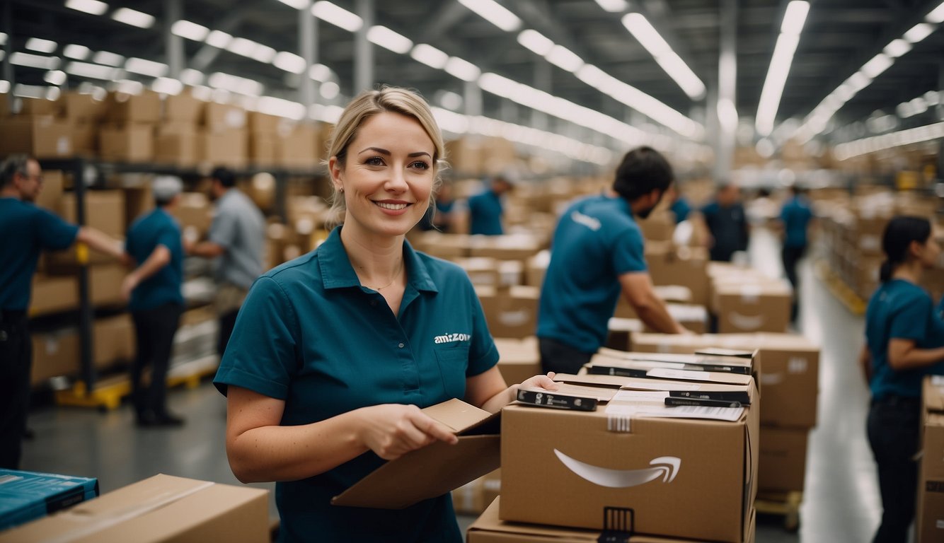 This picture showing a female smiling in a Amazon Warehouse