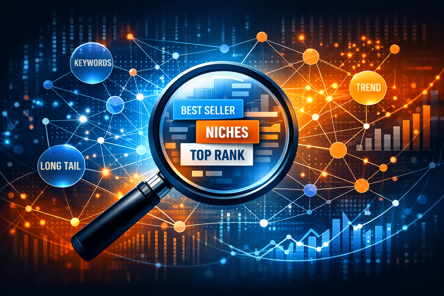 Conceptual image representing keyword research and clustering for Amazon sellers, featuring a magnifying glass focusing on keywords, interconnected nodes, and data network lines.