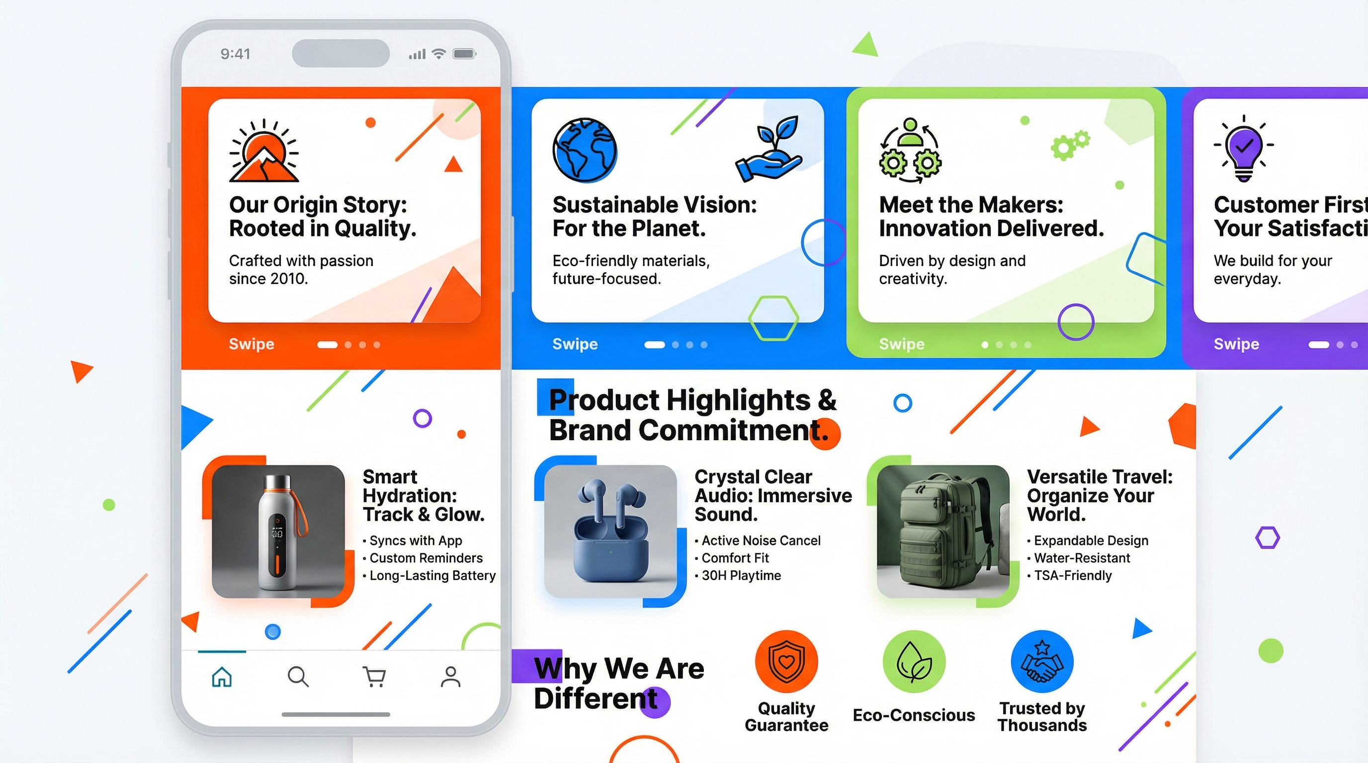 Amazon Brand Story section on a mobile product page showing swipeable cards above A plus content